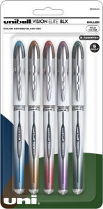 uniball Vision Elite BLX Rollerball Pens, Bold Point (0.8mm), Assorted BLX Ink, 5 Pack