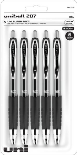 uniball 207 Retractable Gel Pens, Medium Point (0.7mm), Black, 5 Pack