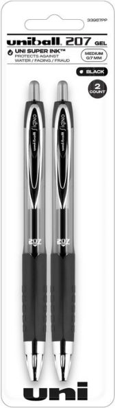 uniball 207 Retractable Gel Pens, Medium Point (0.7mm), Black, 2 Pack