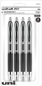 uniball 207 Retractable Gel Pens, Medium Point (0.7mm), Black, 4 Pack
