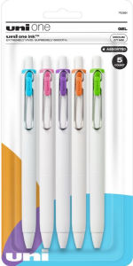 uniball one Retractable Gel Pens, Medium Point (0.7mm), Assorted Ink, 5 Pack