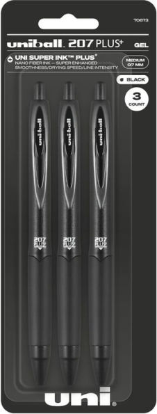 uniball 207 Plus+ Retractable Gel Pens, Medium Point (0.7mm), Black, 3 Pack