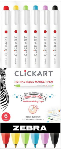 ClickArt Retractable Marker Pen 0.6mm Assorted 6Pk