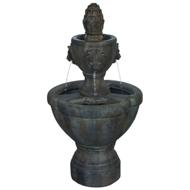 Outdoor Water Fountain Lawn and Garden By Pure Garden 2 Tier Lion Head Fountain With Natural Looking Stone and Soothing Sound for Decor on Patio