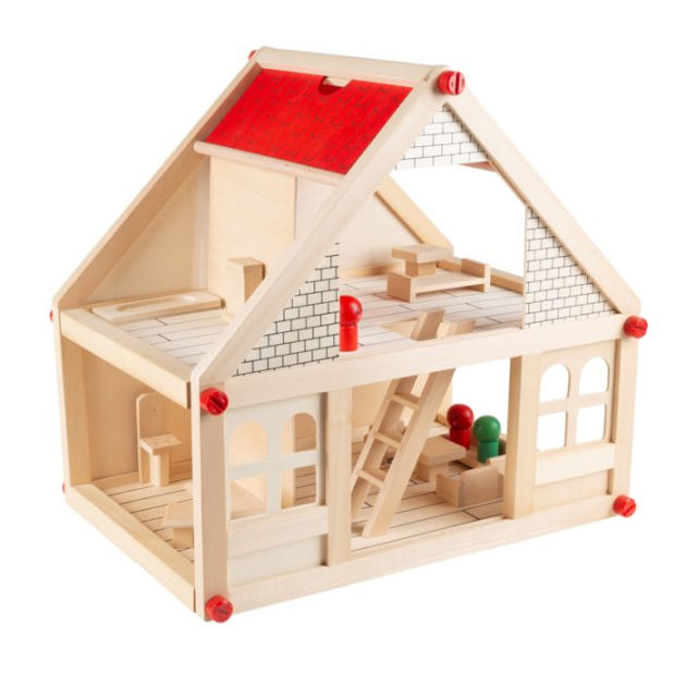 wooden dollhouse with accessories