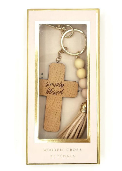 Wooden Cross Keyring with Tassel and Beads