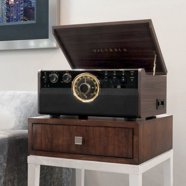Victrola Empire 6-in-1 Wood Empire Mid Century Modern Bluetooth Record Player with 3-Speed Turntable, CD, Cassette Player and Radio
