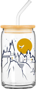 Title: Harry Potter Hogwarts Castle 16oz Glass Can Tumbler with Bamboo Lid and Glass Straw