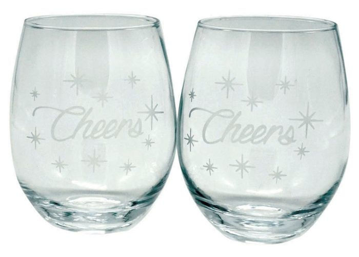 Cheers Starburst Etched set of 2 stemless wine glasses by TMD HOLDINGS
