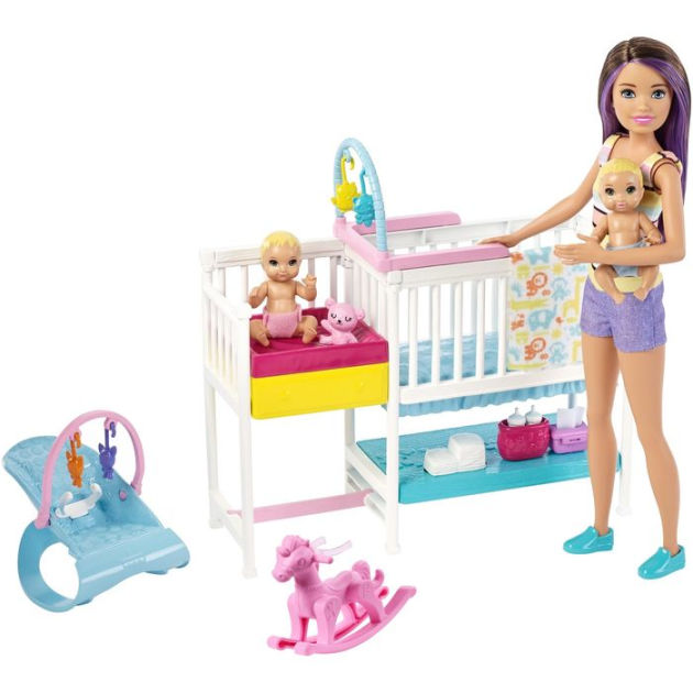 Barbie Dolls and Accessories, Skipper Doll (Two-Tone Hair) with Baby Figure  and 5 Accessories, Babysitters Inc. Playset