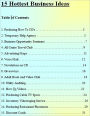 15 Hottest Business Ideas: Producing How To CD's,Temporary Help Agency,Business Opportunity Seminars,All Cruise Travel Club,Advertising Maps,Voice Mail,Newsletters on CD,Giveaways,Adult Book and Video Club,Utility Auditing,How To Videos,and more...
