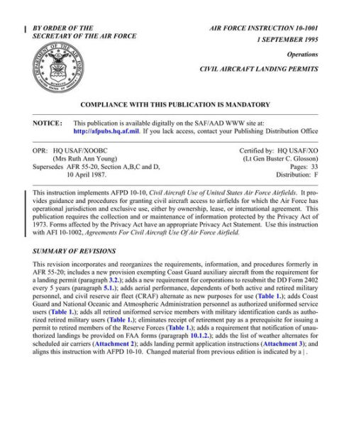 Civil Aircraft Landing Permits Afi 10 1001 By Department Of The