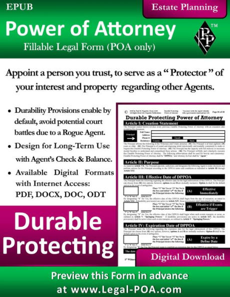 Durable Protecting Power of Attorney - POA Version: Fillable Legal Form ( POA Only )