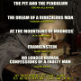 10 Masterpieces You Have to Read Before You Die, Vol. 3: The Pit and the Pendulum by Edgar Allan Poe, The Dream of a Ridiculous Man by Fyodor Dostoevsky, At the Mountains of Madness by H. P. Lovecraft, Frankenstein by Mary Shelley, No Longer Human or Conf