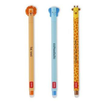 Legami Set Of 3 Erasable Gel Pens - Wild Savannah - Lion + Elephant + Giraffe
