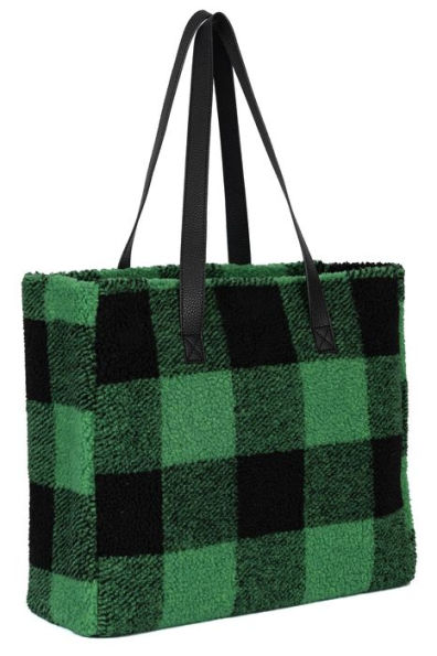 B&N Exclusive Green Buffalo Plaid Sherpa Tote