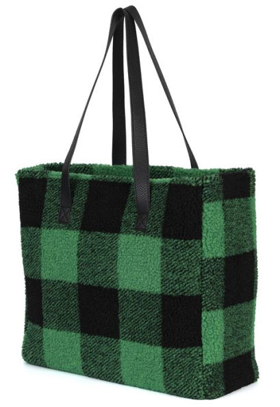 B&N Exclusive Green Buffalo Plaid Sherpa Tote