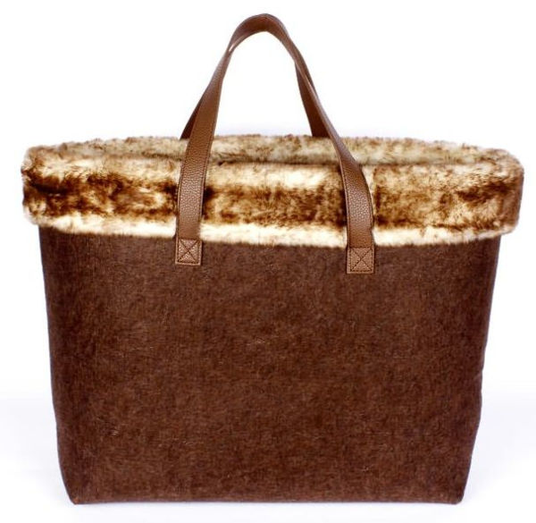 Holiday Dark Brown Felt Tote w/light brown fur trim