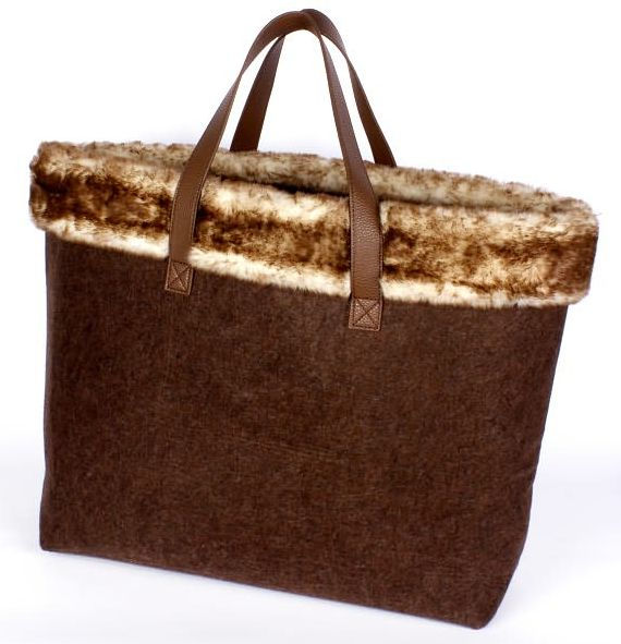 Holiday Dark Brown Felt Tote w/light brown fur trim