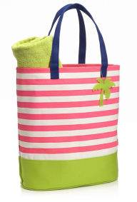 Title: Pink French Stripe Canvas Summer Tote with Palm Tree Charm (14'' x 16'' x 7'')