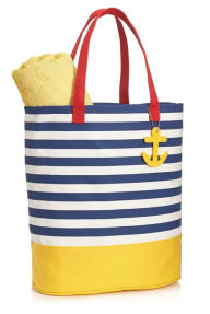 Title: Navy French Stripe Canvas Summer Tote with Anchor Charm (14'' x 16'' x 7'')