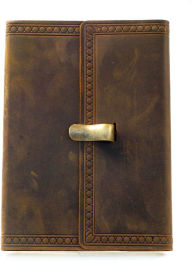 Title: Dark Brown Leather Journal with Flap and Old Bronze Lever Closure