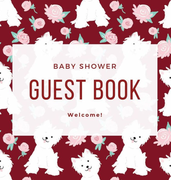 Pink Rose Cute Puppy Red & White Baby Shower Guest Book Hard Cover for Visitor Sign In & Gift Log - Dog Party Guestbook