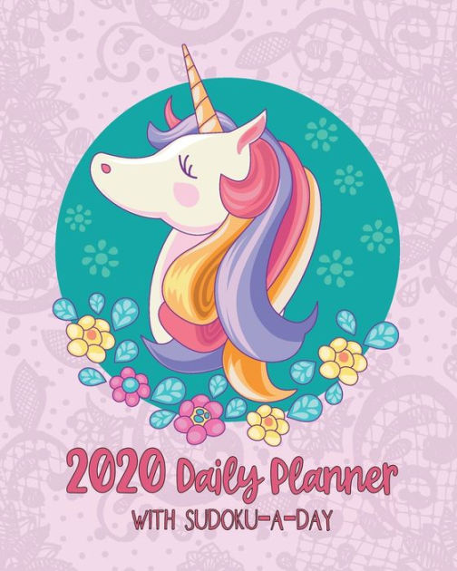 Unicorn 2020 Daily Planner with SudokuaDay Pink Floral Girls