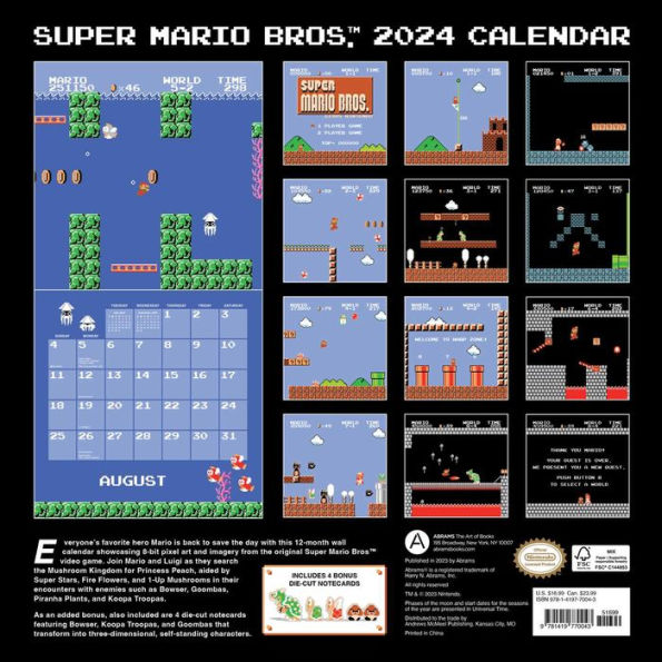 Super Mario Bros. 8-Bit Retro 2024 Wall Calendar with Bonus Diecut Notecards