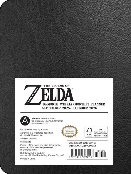 2025-2026 Legend of Zelda 16-Month Weekly/Monthly Planner