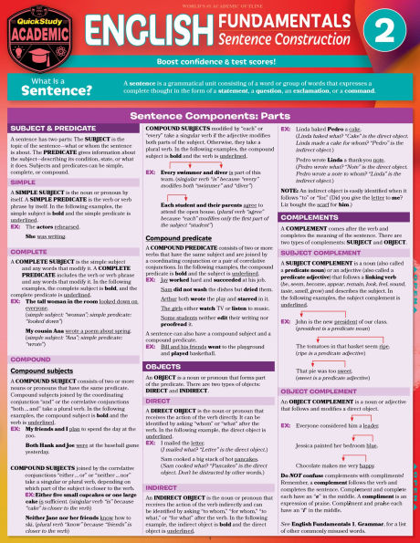 English Fundamentals 2 - Sentence Construction: QuickStudy Language Arts Laminated Reference & Study Guide