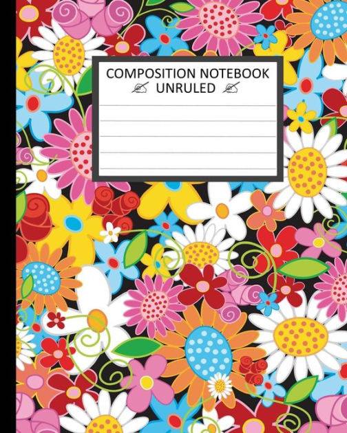 Unruled Composition Notebook 8 x 10. Vector Art Spring Flowers Black