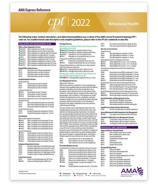 CPT Express Reference Coding Card 2022 Behavioral Health by American