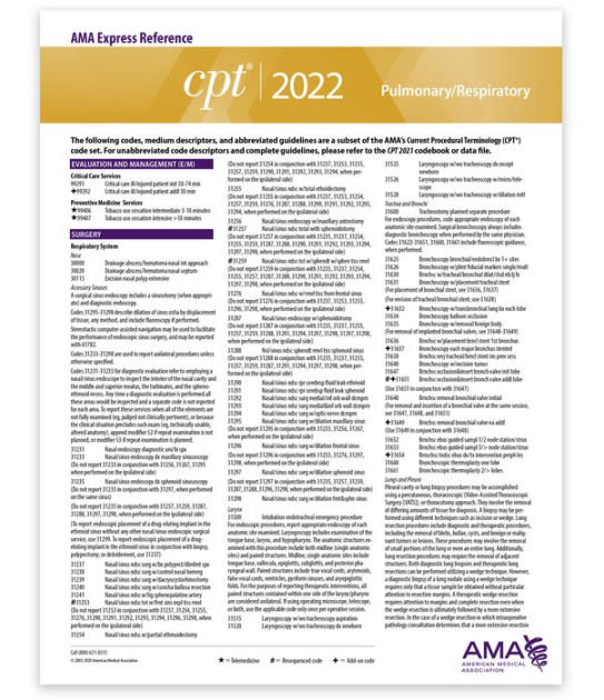 CPT Express Reference Coding Card 2022 Pulmonary/Respiratory by