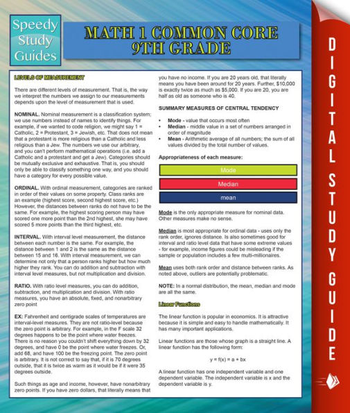Math 1 Common Core 9th Grade (Speedy Study Guides)