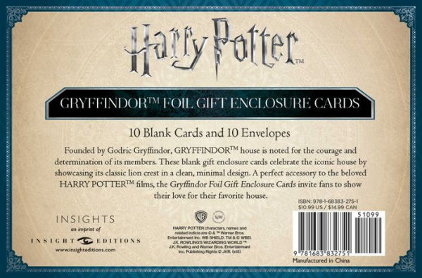 Harry Potter: Gryffindor Foil Gift Enclosure Cards (Set of 10)