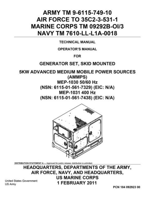 Army TM 9-6115-749-10 Technical Manual Operator's Manual For Generator ...