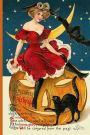 Hallowe'en Greetings: The clock is striking midnight, The witch her Spell will cast, All the fairies, ghosts and goblins will be conjured from the past.: Vintage Journals by Amybug's Attic: Vintage Halloween Postcard Woman With Red Dress Owl Hat and Bat S