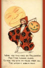 Were you this maid on Hallowe'en And I this flowing cloak. I'd hide you with my folds from all The witch-y goblin folk.: Vintage Journals by Amybug's Attic : Vintage Halloween Postcard Blond Girl With Hooded Orange and Black Jack O'Lantern Robe Man on the