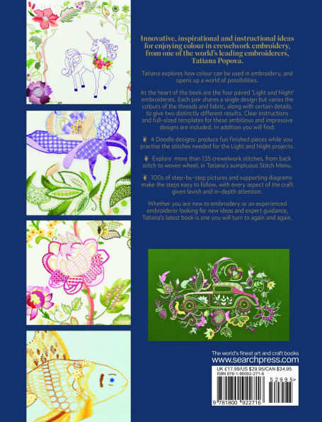 Contrast in Crewel Embroidery: Modern designs stitched on light and dark