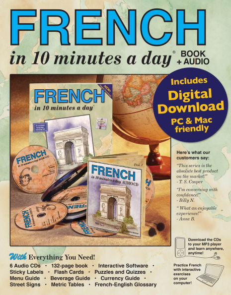 FRENCH in 10 minutes a day BOOK + AUDIO: Language course for beginning and advanced study. Includes Workbook, Flash Cards, Sticky Labels, Menu Guide, Software, Glossary, Phrase Guide, and Audio CDs. Grammar. Bilingual Books, Inc. (Publisher)