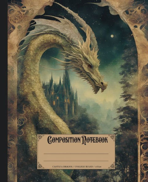 Composition notebook. Castle and dragon: Vintage fairycore mythical creatures theme. Whimsical enchanted cover. Aesthetic college ruled journals for school.