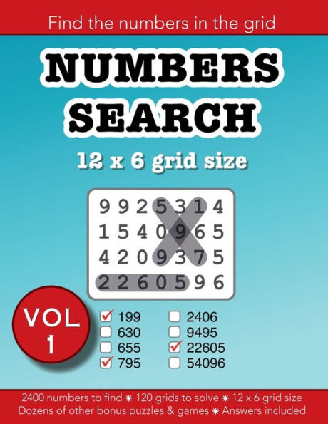 Numbers Search Volume 1: 12x6 grid size: Find the numbers in the grid:Education resources by Bounce Learning Kids