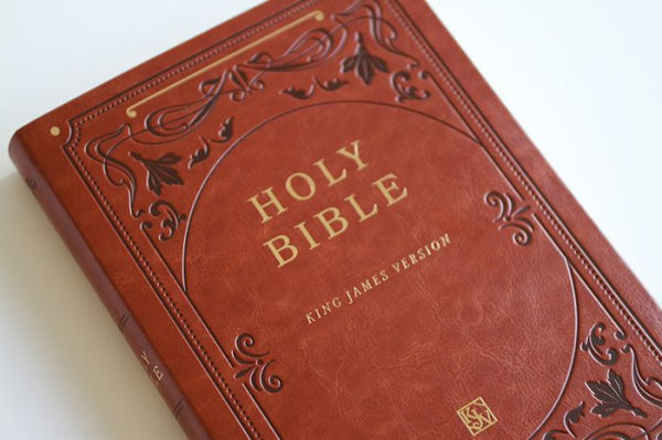 KJV Holy Bible, Giant Print Thinline Large format, Brown Premium Imitation Leath er with Ribbon Marker, Red Letter, and Thumb Index