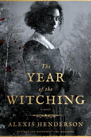The Year of the Witching book cover. Black and white image of young woman with curly hair, wearing a modest dress, and holding a book. A forest can be seen behind her in the distance.