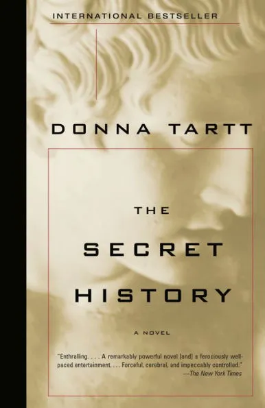 Book cover of "The Secret History" by Donna Tartt, the first dark academia book recommendation. Features a minimalistic beige background of a Greek sculpture.