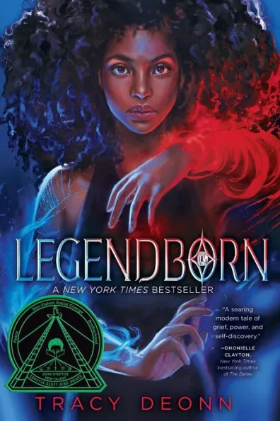 Cover of "Legendborn" by Tracy Deonn. The cover's background is blue. The cover focuses on an illustration of a young Black girl with curly hair. Her arms are held out in front of her, with blue magic swirling around one and red magic swirling around the other. 
