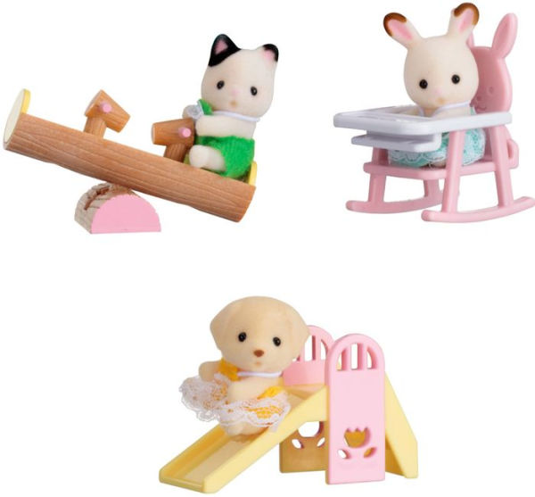 Mini Carry Cases Cdu - Assorted Honey Hopscotch Rabbit On Baby Chair, Shiloh Yellow Labrador On Slide, Joseph Tuxedo Cat On See-Saw
