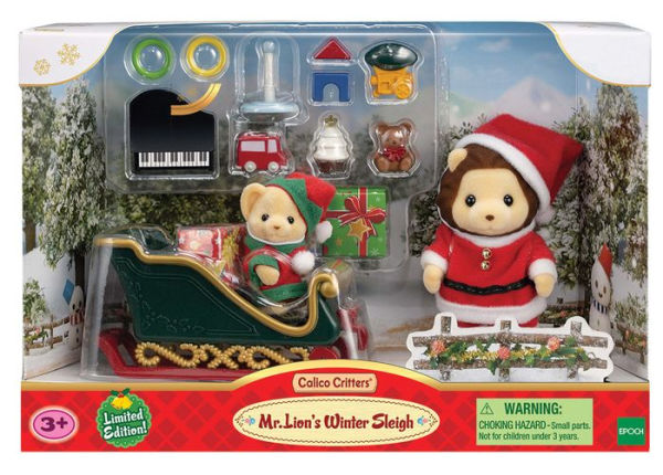 Calico Critters Mr. Lion's Winter Sleigh, Limited Edition Seasonal Holiday Set with 2 Collectible Doll Figures and Accessories