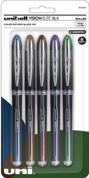 uniball Vision Elite BLX Rollerball Pens, Micro Point (0.5mm), Assorted BLX Ink, 5 Pack